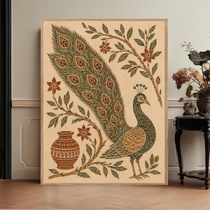 May include: A rectangular wall art print featuring a stylised peacock with a large, detailed tail fan in shades of green and brown. The design includes a decorative brown vase and floral branches with orange flowers on a light beige background.