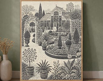 Garden Conservatory Wall Art, Glass Greenhouse Poster, Topiary Courtyard Print, Botanical Trellis Decor, Potted Plant Ivory Ink Artwork