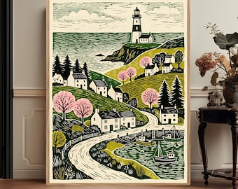 Naive Folk Landscape Wall Art Linocut European Countryside Print