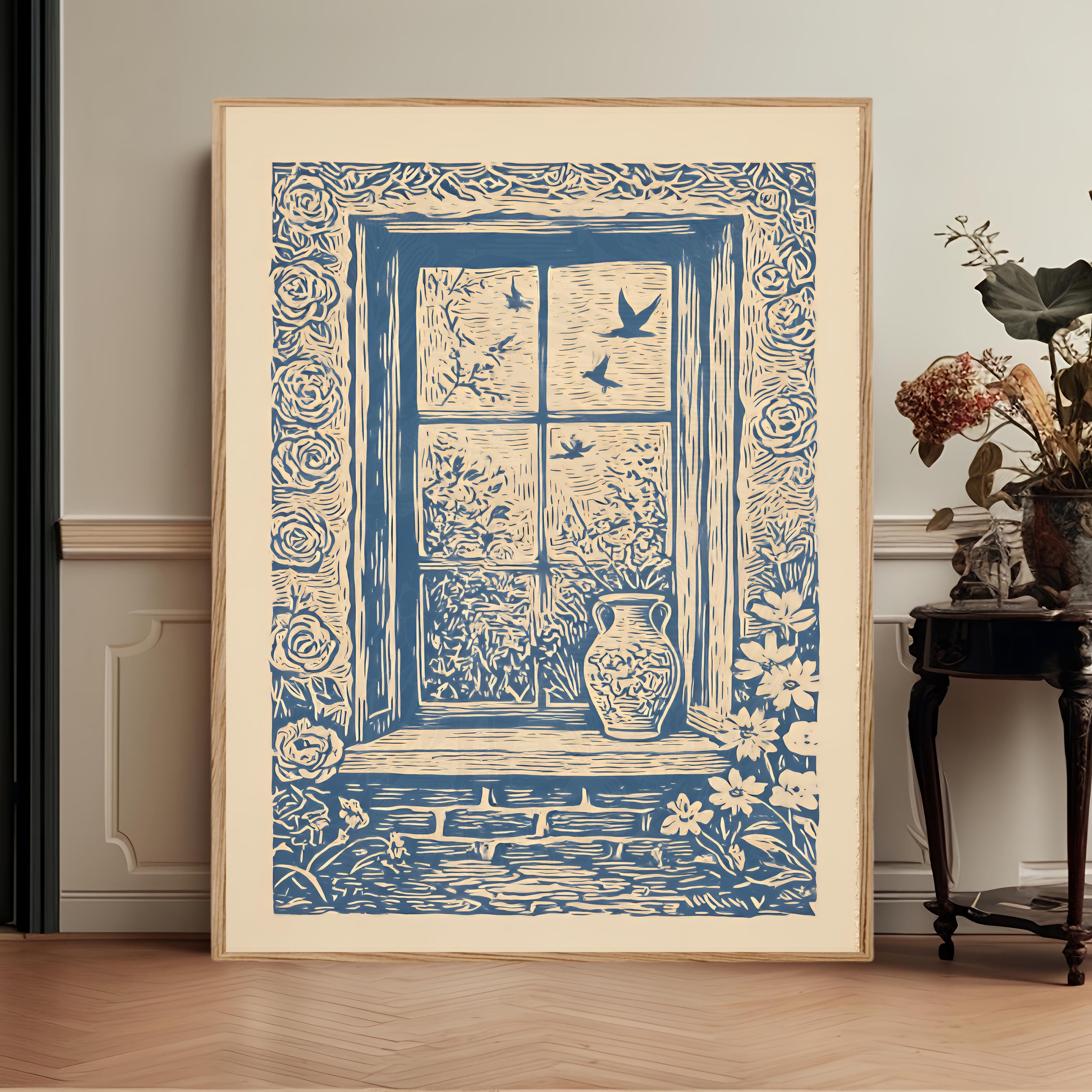 Linocut Window Blue Floral Window Still Life Wall Art, Linocut Style Cottagecore Decor ...