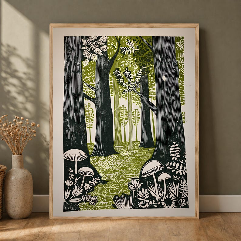 Green Folk Art Forest Mushrooms Print, Scandinavian Nature Landscape image 12