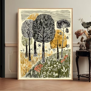 Könnte beinhalten: Ein gerahmter Kunstdruck mit einer stilisierten Waldszene. Das Kunstwerk zeigt Bäume in Schwarz-, Grün- und Gelbtönen vor einem cremefarbenen Hintergrund. Der Vordergrund zeigt eine grasbewachsene Fläche mit rosa und weißen Wildblumen.