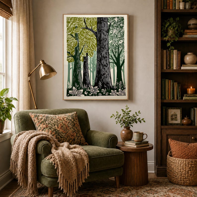 Green Woodland Landscape Print, Scandinavian Nature Forest Lover Canvas image 8