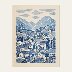 Blue Linocut Style Folk Landscape, Cottage Countryside Village Wall Art 画像 2