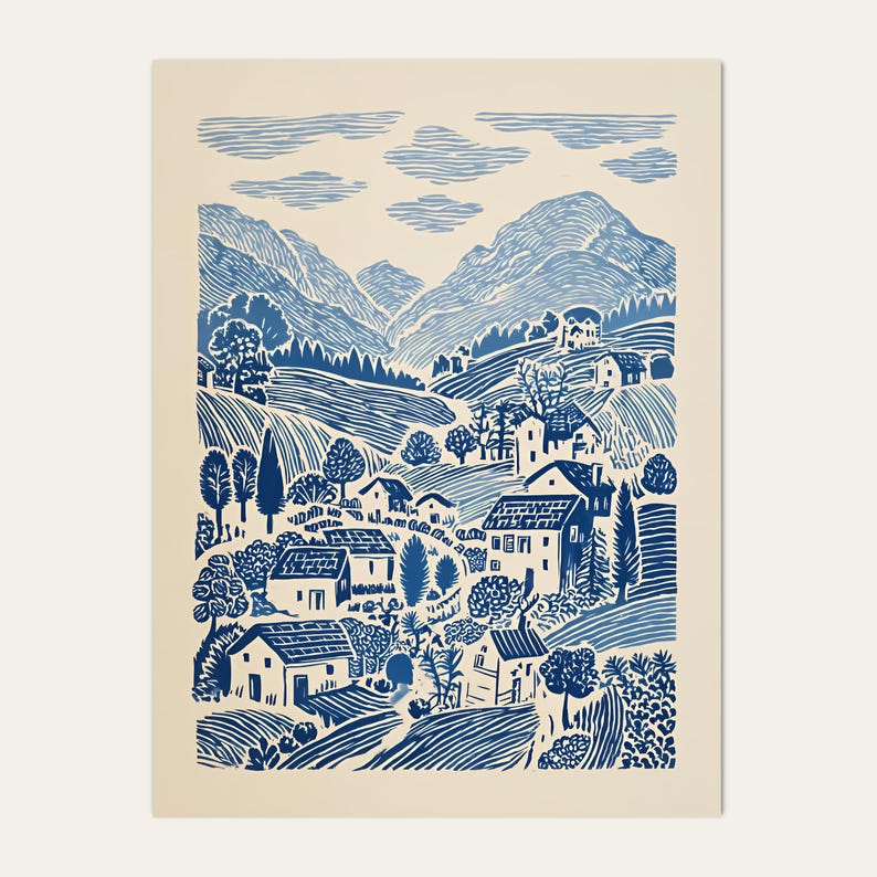 Blue Linocut Style Folk Landscape, Cottage Countryside Village Wall Art 画像 2