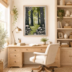 Green Folk Art Forest Mushrooms Print, Scandinavian Nature Landscape image 6