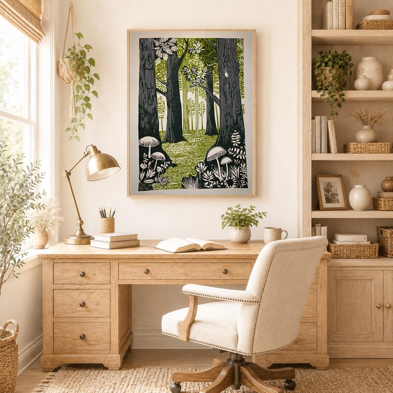 Green Folk Art Forest Mushrooms Print, Scandinavian Nature Landscape image 6