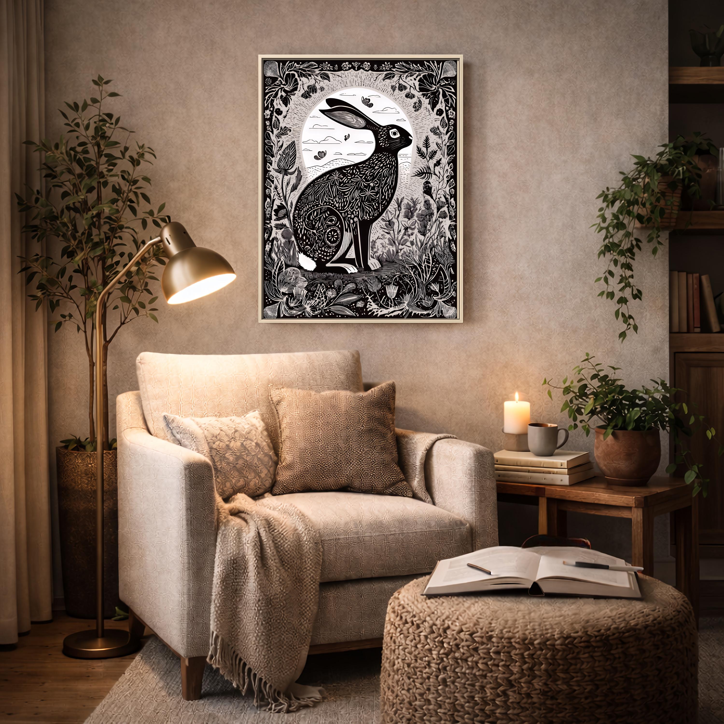 Rabbit Folk Art Print, Woodland Bunny Linocut Wall Art, Dark Academia ...