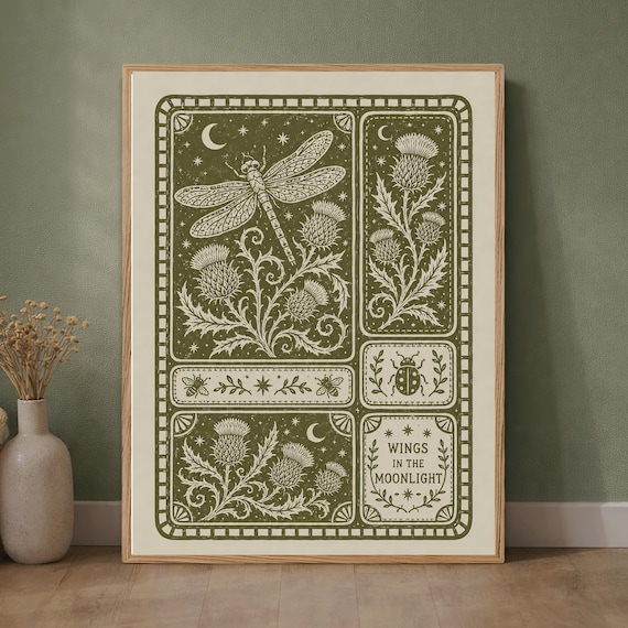 Dragonfly Moonlight Thistle Poster, Olive Green Botanical Insect Decor, Celestial Garden Chart, Cottage Nature Wall Print, Mystic Study Room
