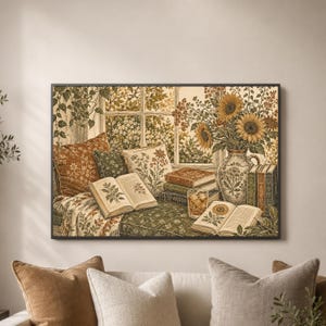 May include: A rectangular wall art print depicting a cozy window nook with a patterned cushion, two open books, a stack of three closed books, a glass of amber liquid, and a ceramic vase filled with yellow sunflowers and green foliage.