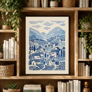 Blue Linocut Style Folk Landscape, Cottage Countryside Village Wall Art 画像 10