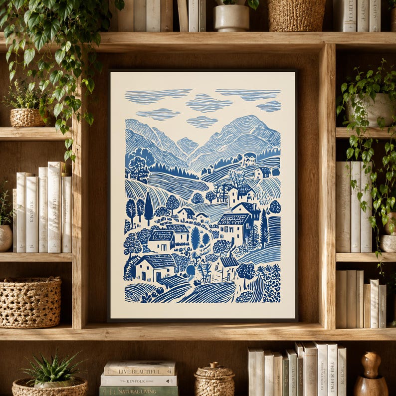 Blue Linocut Style Folk Landscape, Cottage Countryside Village Wall Art 画像 10