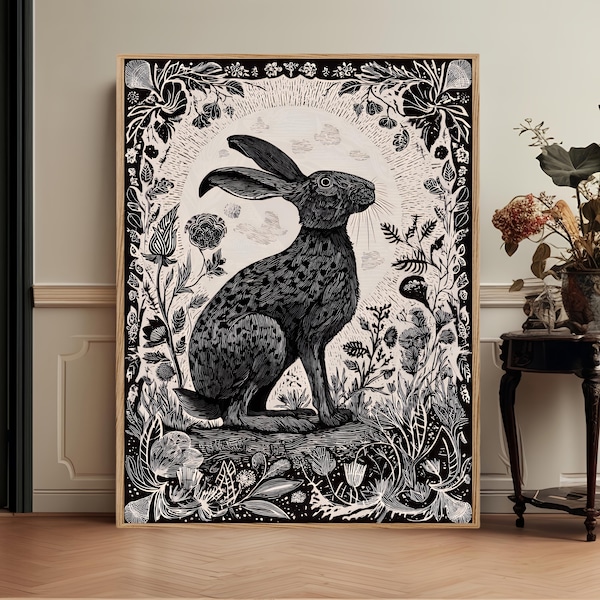 Monochrome Folk Rabbit Art Print, Dark Woodland Animal Decor, Floral Nature Wall Art