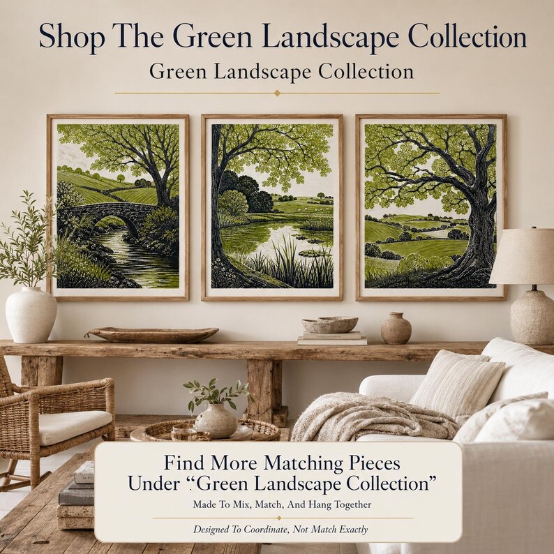 Green Folk Art Forest Mushrooms Print, Scandinavian Nature Landscape image 11