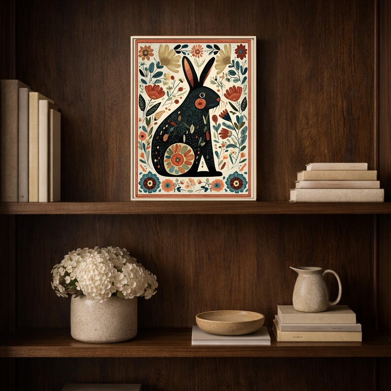 Folk Rabbit Wall Art Print, Scandinavian Bunny Floral Art, Whimsical ...