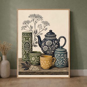 Botaniskt tryck med tetid, vintageköksinredning, illustration av blommig tekanna och koppar, konstverk av bondgårdsstil