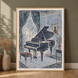 Blue Grand Piano Wall Art, Music Room Poster, Parlor Window Print, Classical Instrument Decor, Linocut Style Lounge Scene, Elegant Home