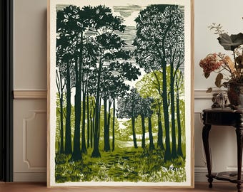 Green Forest Folk Landscape Wall Art, Botanical Woodland Print, Nature Decor