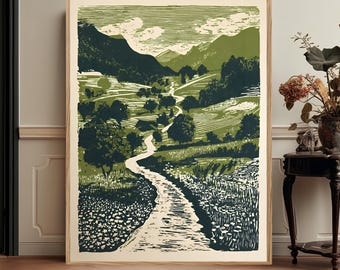 Green Woodland Nature Wall Art, Botanical Landscape Folk Canvas Decor