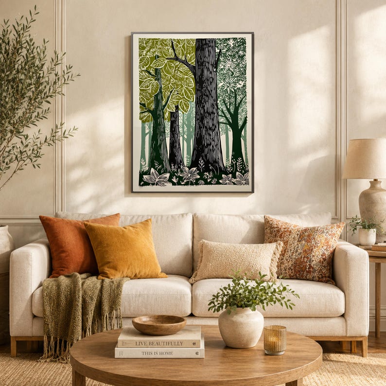 Green Woodland Landscape Print, Scandinavian Nature Forest Lover Canvas image 4