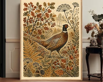 Pheasant Wall Art, Autumn Woodland Print, Folk Nature Decor, Warm Rustic Living Room Artwork