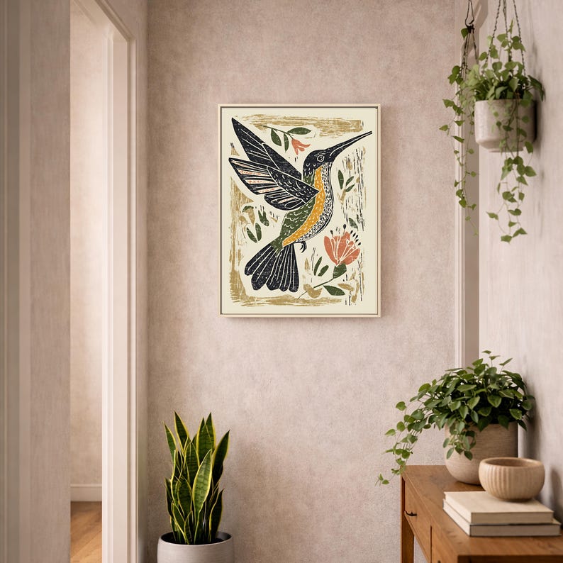 Modern Nature Folk Hummingbird Art, Cottage Botanical Floral Bird ...