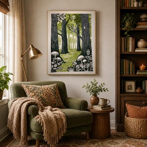 Green Folk Art Forest Mushrooms Print, Scandinavian Nature Landscape image 8