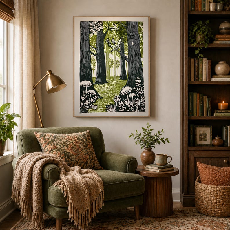 Green Folk Art Forest Mushrooms Print, Scandinavian Nature Landscape image 8