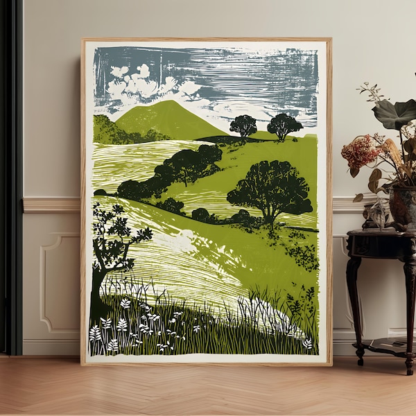 Linocut Landscape Art Print, Modern Green Hills