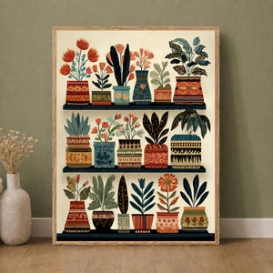 May include: A framed wall art print featuring three horizontal shelves displaying sixteen potted plants. The plants vary in shape and color, housed in decorative pots with geometric, floral, and striped patterns in shades of red, blue, and green.