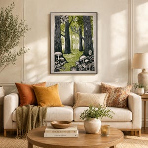 Green Folk Art Forest Mushrooms Print, Scandinavian Nature Landscape image 4
