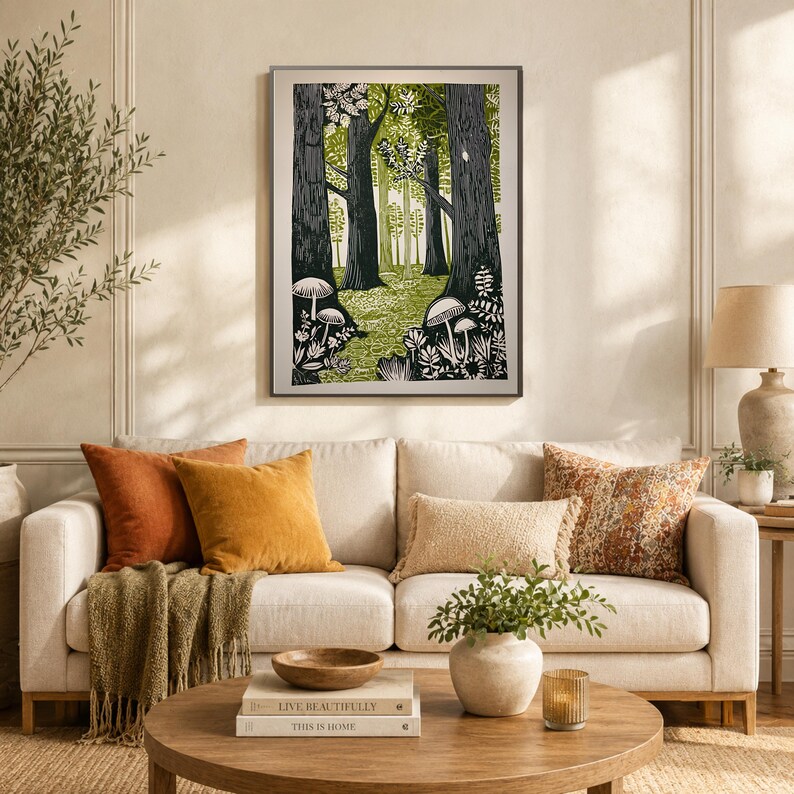 Green Folk Art Forest Mushrooms Print, Scandinavian Nature Landscape image 4