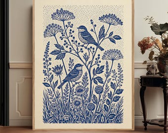 Blue Songbird Wall Art, Cobalt Birds And Wildflowers, Botanical Folk Print For Cottage Living Room