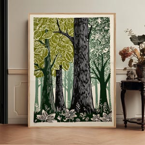 Green Woodland Landscape Print, Scandinavian Nature Forest Lover Canvas image 1