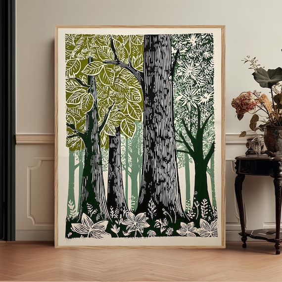 Green Woodland Landscape Print, Scandinavian Nature Forest Lover Canvas