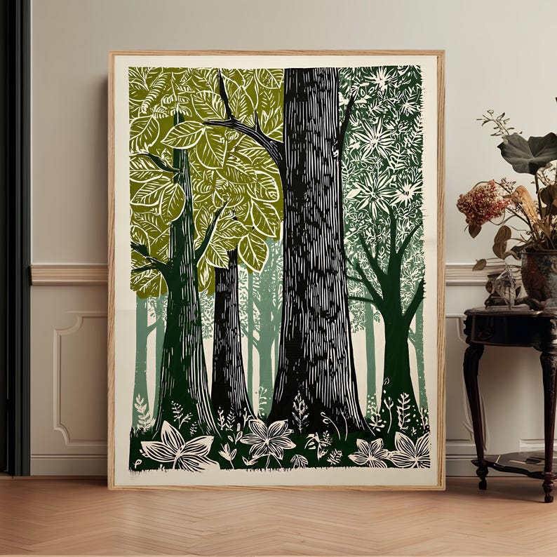 Green Woodland Landscape Print, Scandinavian Nature Forest Lover Canvas image 1