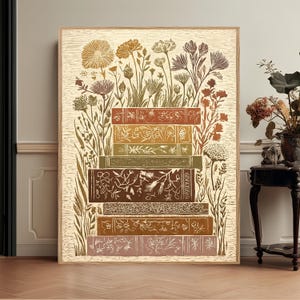 Botanical Folk Art Floral Illustration, Vintage Flowers Book Stack Canvas