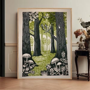 Green Folk Art Forest Mushrooms Print, Scandinavian Nature Landscape image 1