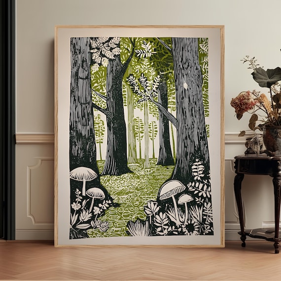 Green Folk Art Forest Mushrooms Print, Scandinavian Nature Landscape