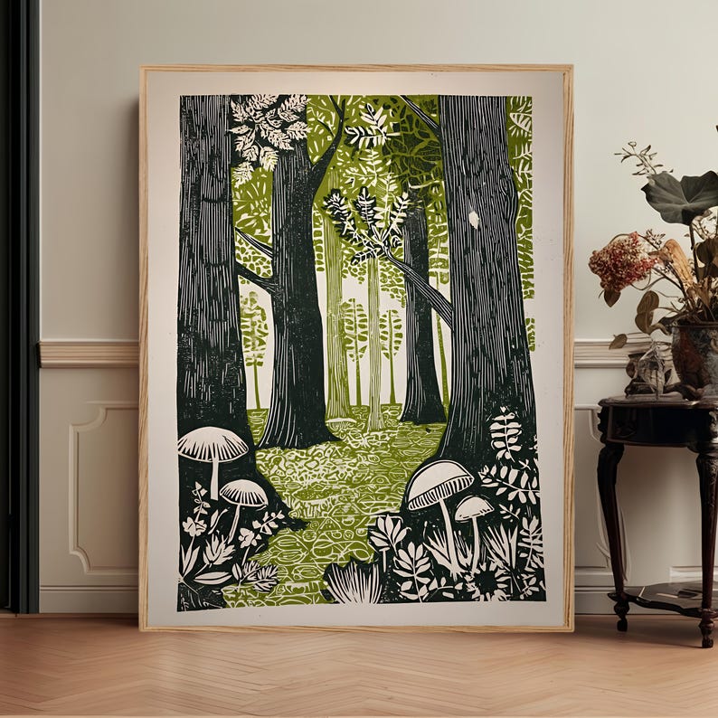 Green Folk Art Forest Mushrooms Print, Scandinavian Nature Landscape image 1