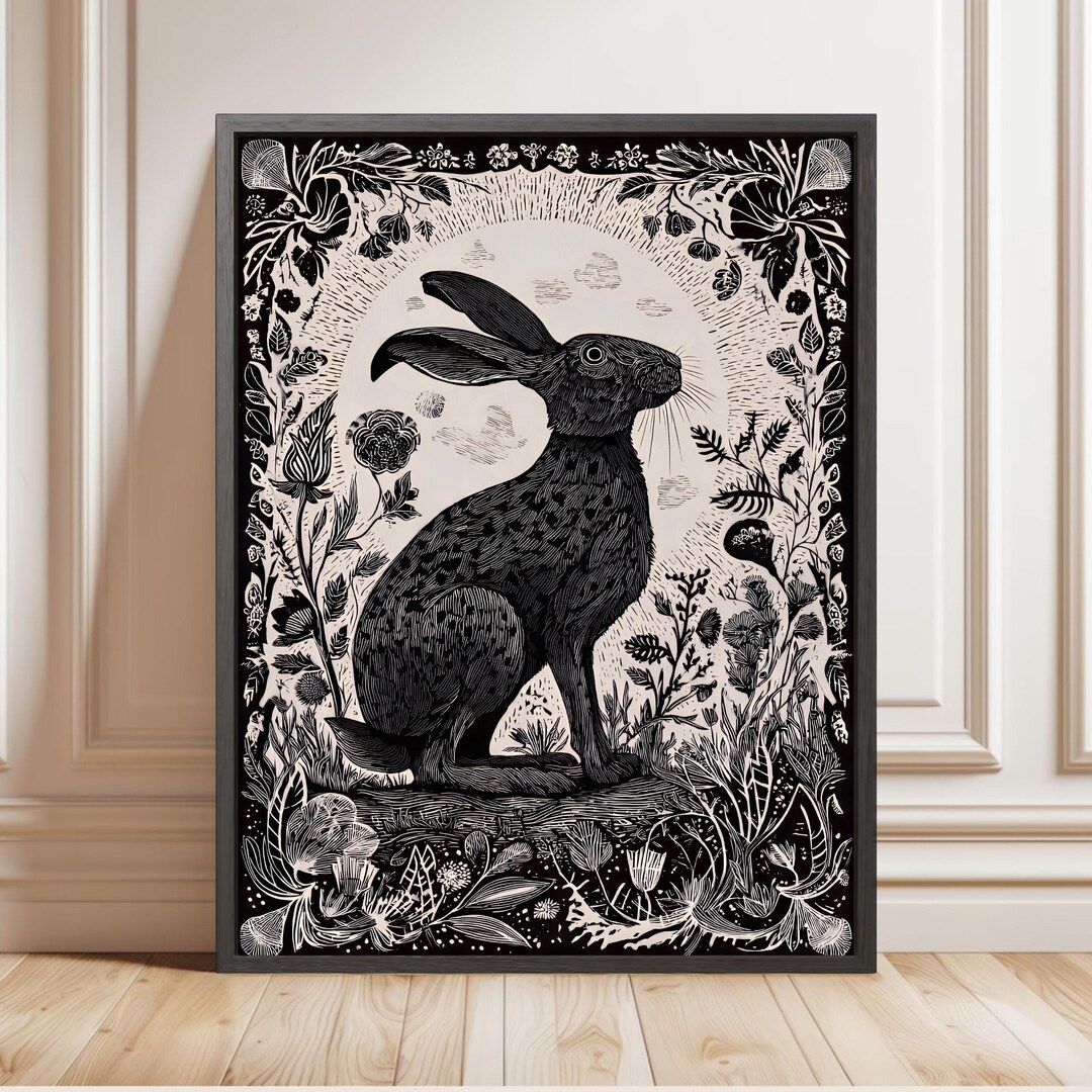 Lynocut Rabbit Folk Rabbit Art Print, Linocut Hare Wall Art, Vintage Folk Animal Decor ...