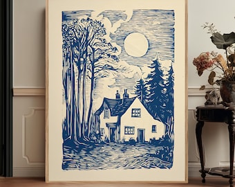 Blue Folk Landscape Print Nordic Linocut Countryside Wall Art, Rustic Cottage Decor