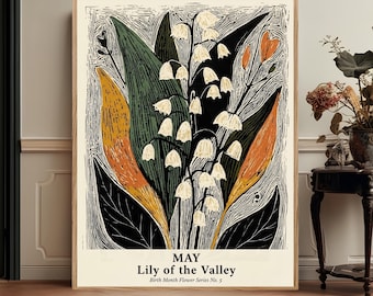 May Birth Flower Birthday Gift Lily Of The Valley Folk Art Botanical Wall Print