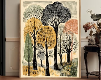 May include: A framed wall art print featuring a stylized forest scene with black, yellow, green, and orange trees. The illustration uses bold, textured lines to depict various tree shapes against a cream background, all enclosed in a light wood frame.