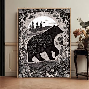 Linocut Bear Folk Art Print, Forest Animal Wall Art, Monochrome Dark Academia