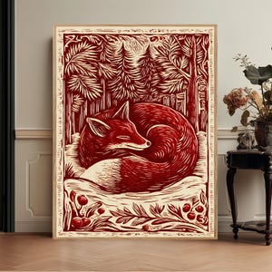 Red Fox Animal Linocut Folk Art Print, Vintage Inspired Wall Art, Rustic Botanical Decor