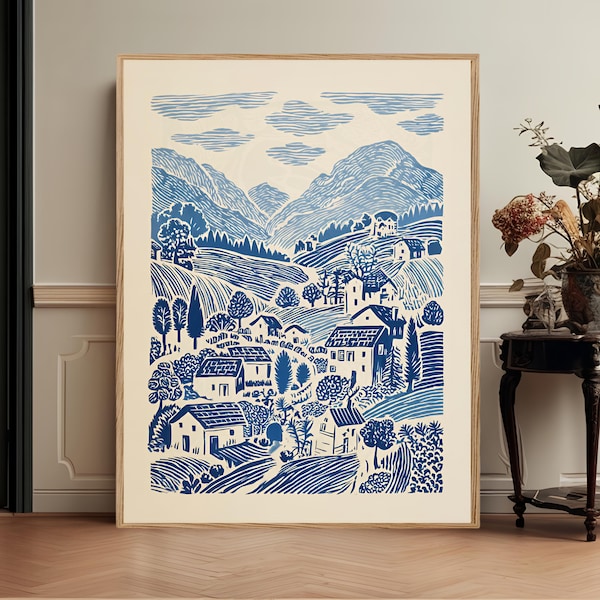 Blauwe linoleumsnede in folkloristische stijl, landschap met landelijke cottage en dorpsgezicht als muurdecoratie.