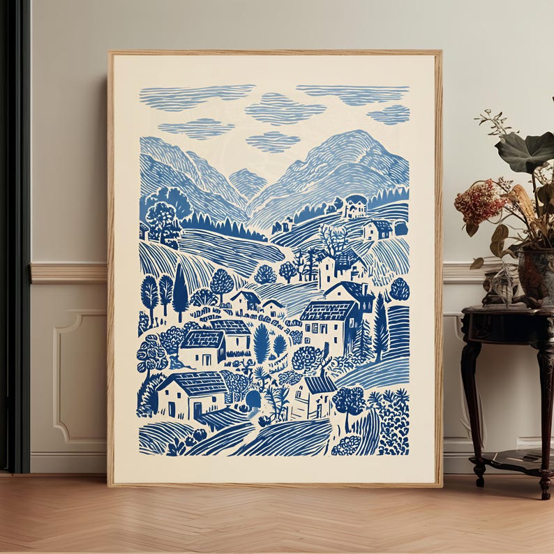 Blue Linocut Style Folk Landscape, Cottage Countryside Village Wall Art 画像 1