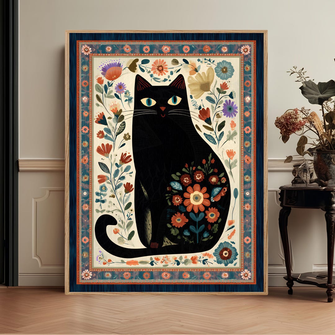 Folk Art Black Cat Print With Flowers Whimsical Vintage Cat Wall Art - Etsy