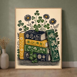 Botanical Book Stack Poster, Clover Daisy Library Art, Green Yellow Reading Decor, Floral Book Illustration, Cozy Study Room Style